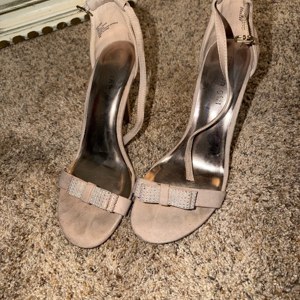 Madden Girl Taupe Heels with Rhinestone Bow